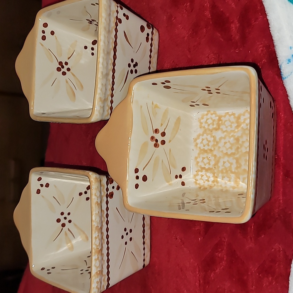 Set of 3 Temp-tations Ramekin Bowl Old World Cream  Square Handle Ceramic 10 Oz